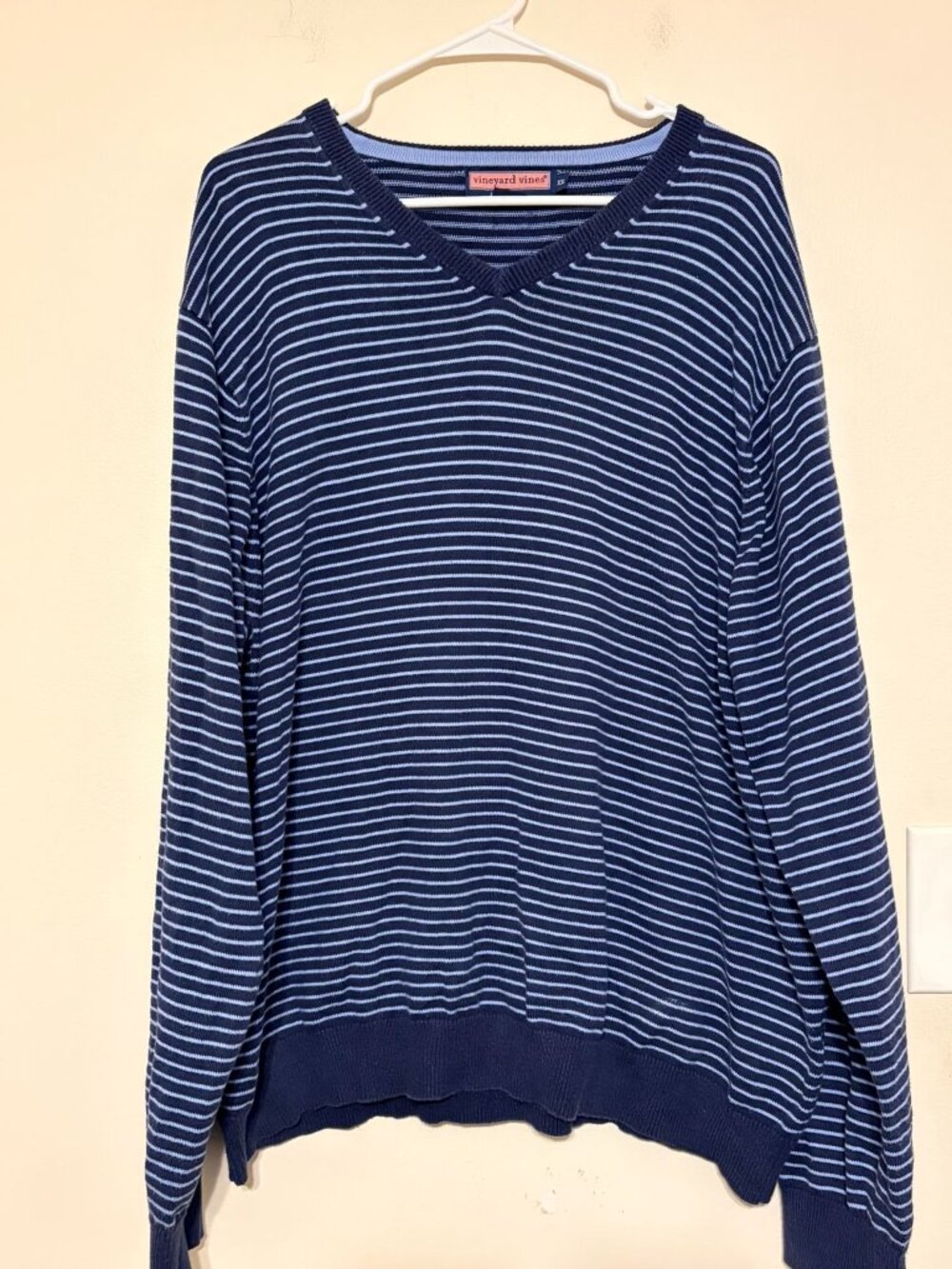 Men's Vineyard Vines Blue White Stripe Merino Wool Silk Blend V-Neck Sweater XXL